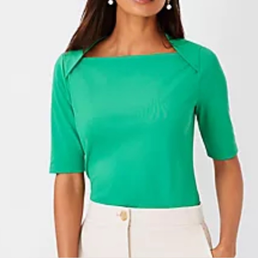 Ann Taylor Petite Refined Stretch Envelope Neck Top in Kelly Green, XXS